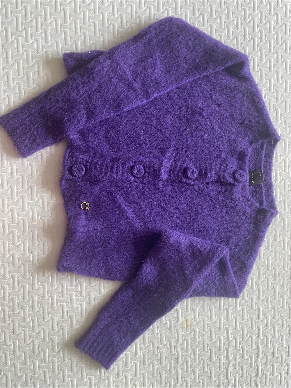 Pinko Purple Plush Knit Cardigan with Rosette Buttons